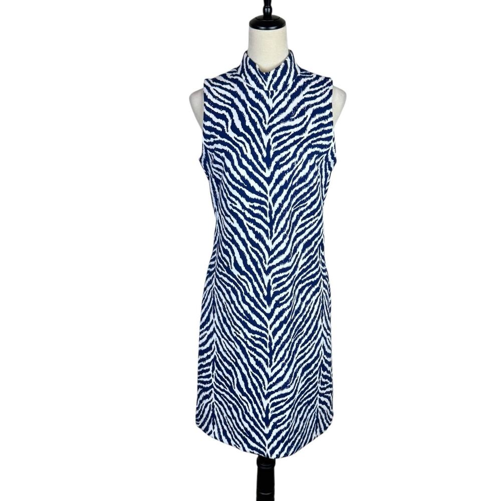 J McLaughlin Delaney Montego Blue Tiger Animal Print Sleeveless Sheath Dress